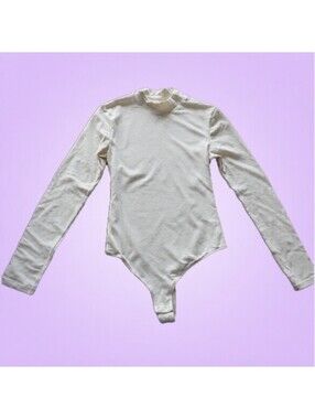 MANGOPOP Ivory Long Sleeve Mock Neck Thong Bodysuit | See Measurements